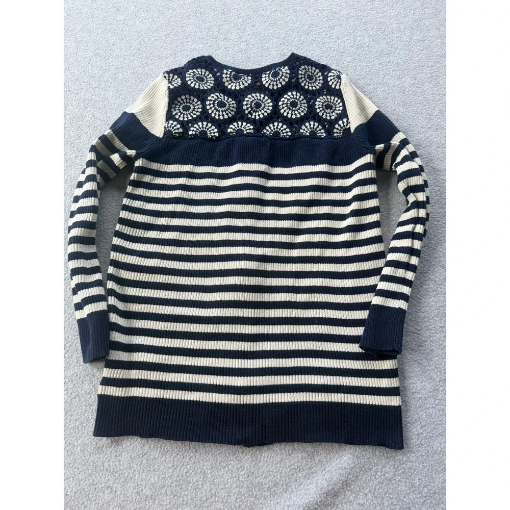 Tory Burch Navy Cream Crochet Medallion Striped Zip Front Cotton Cardigan S
